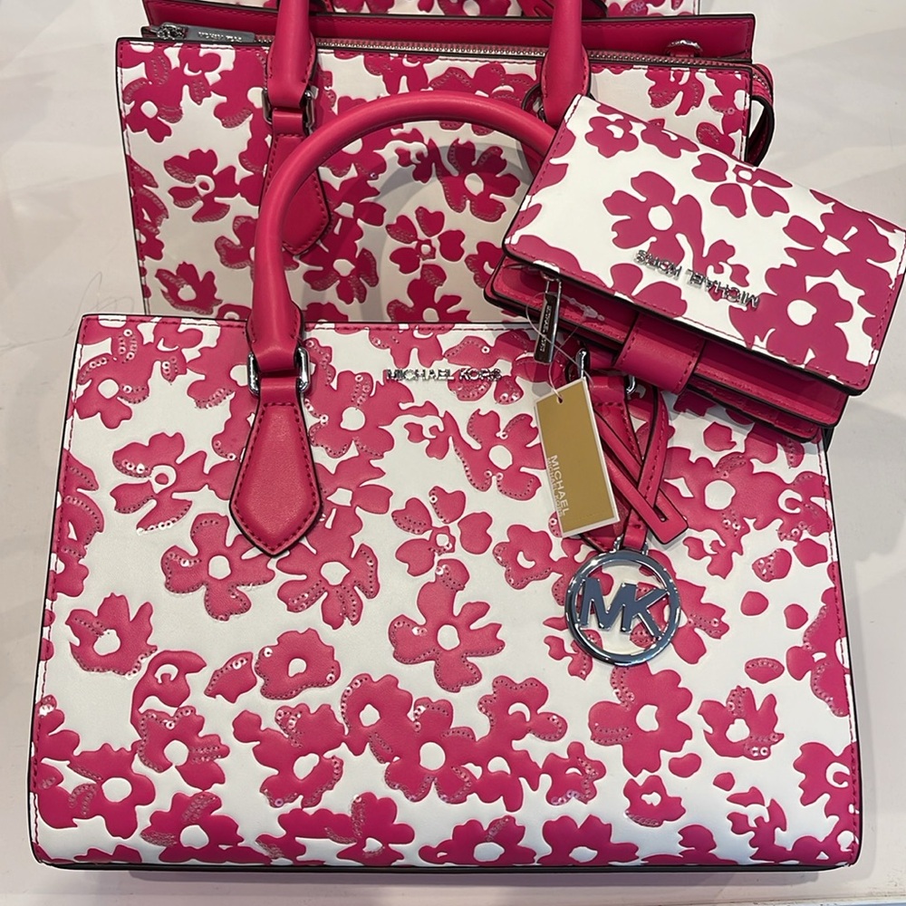 Michael Kors Sheila Md Sequined Floral Print CZ Satchel & JST Md Bi-Fold Wallet - Picture 9 of 16
